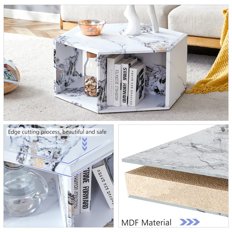 Hexagonal Coffee Table with Open Storage Space Multifunctional Wooden Side Table Small Apartment Center Table