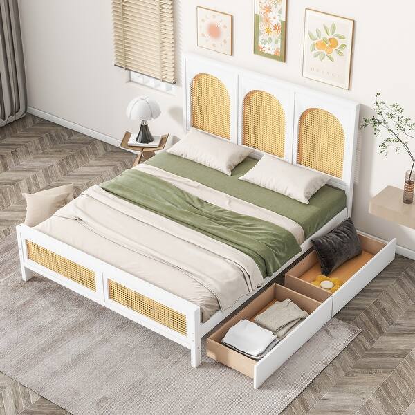 slide 2 of 7, Full Size Wood Storage Platform Bed with Rattan Headboard White - Full