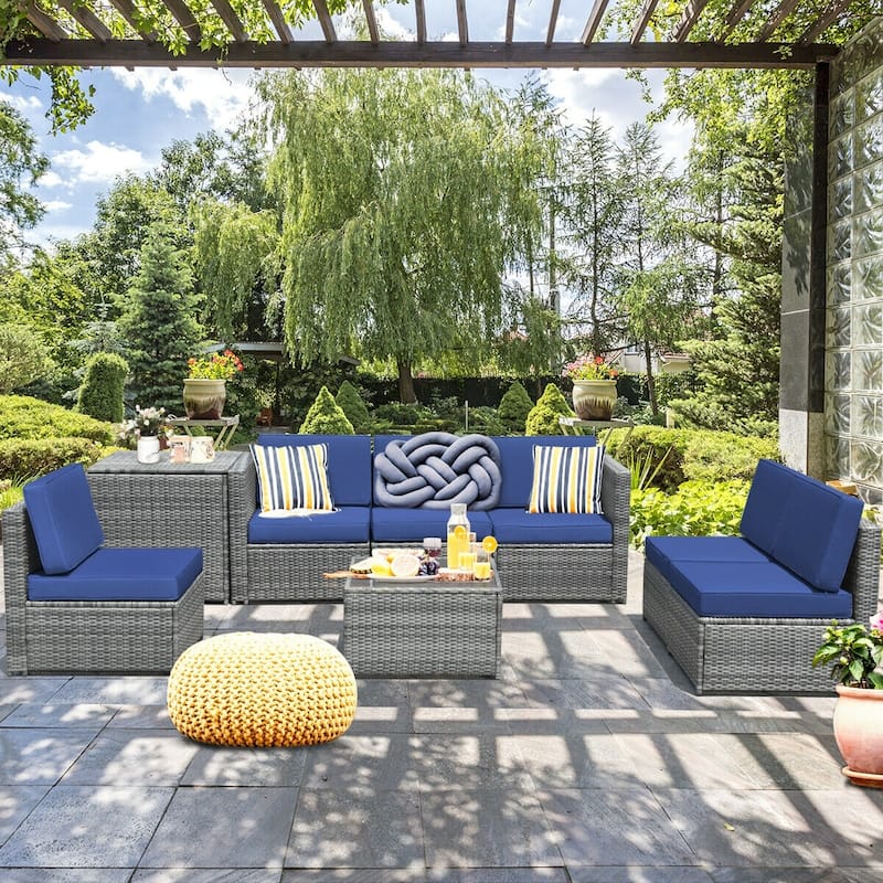 8 Piece Wicker Sofa Rattan Dinning Set Patio Furniture with Storage Table - 23" x 26" x 29.5"