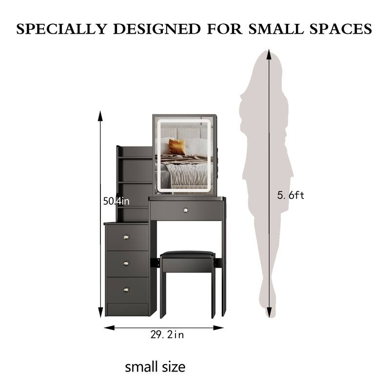 Compact 29.2" Bedside Vanity Set with LED Mirror and Storage