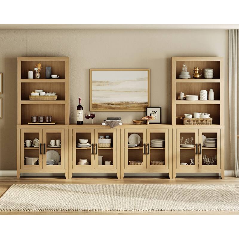 WAMPAT Farmhouse Entertainment Center with Bookshelves, Modular TV Stand with Storage Cabinets & Glass Doors