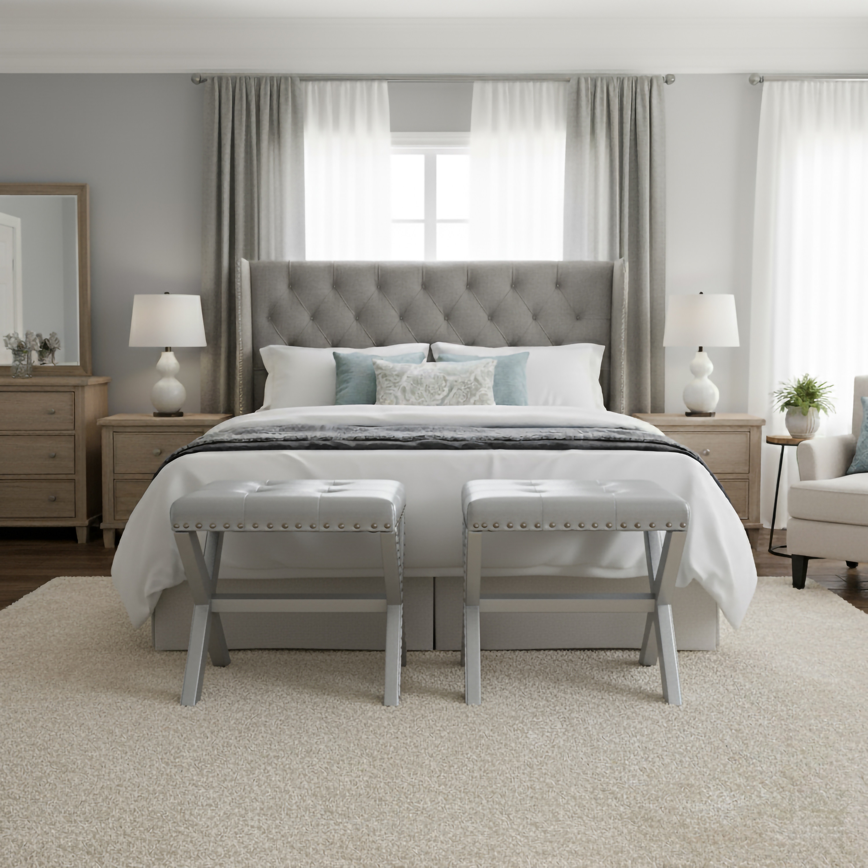 Modern Chic Vanity Stool X-Base Ottoman With Nailhead Trim (Set of 2)