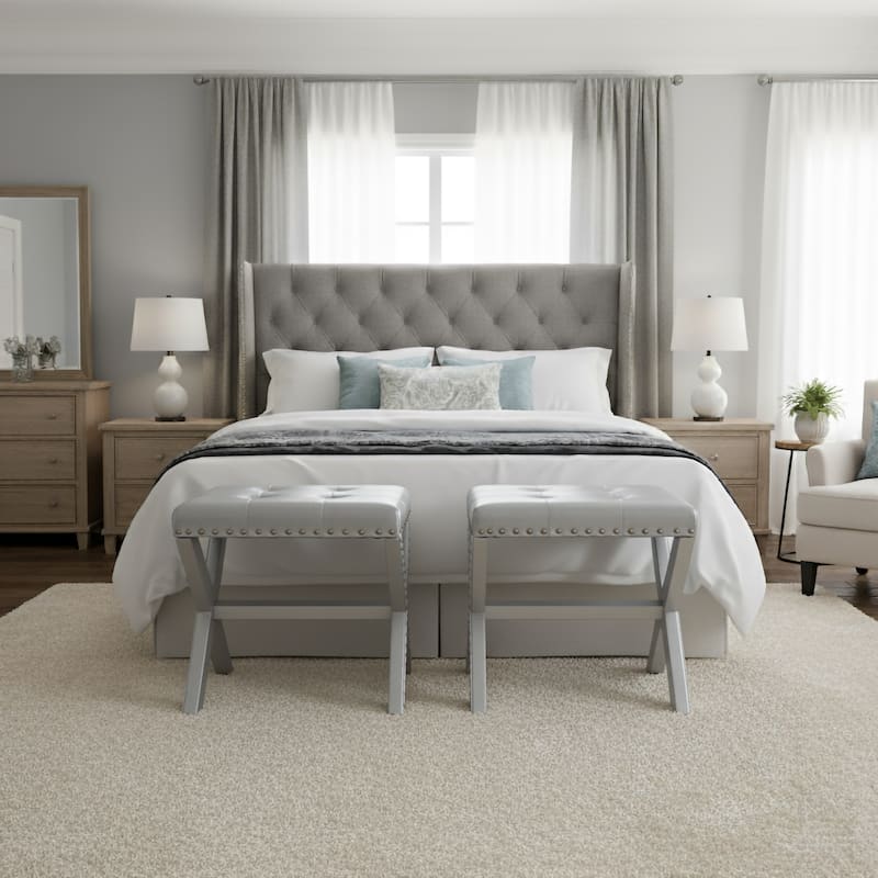 Modern Chic Vanity Stool X-Base Ottoman With Nailhead Trim (Set of 2) - Silver