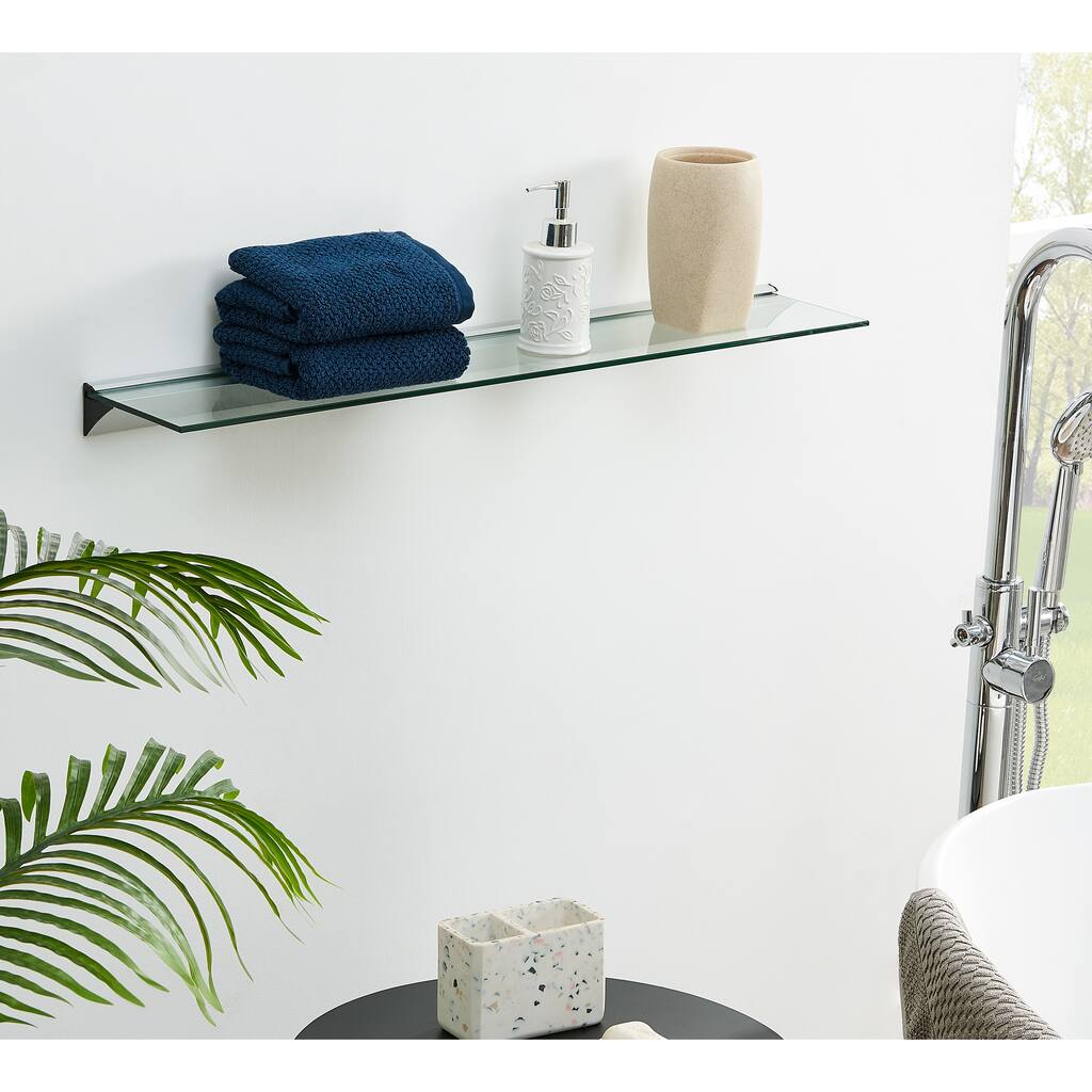 Modern Clear Glass Floating Shelf on Aluminum Bar in 3 Sizes - 16 in, 24 in, and 32 in