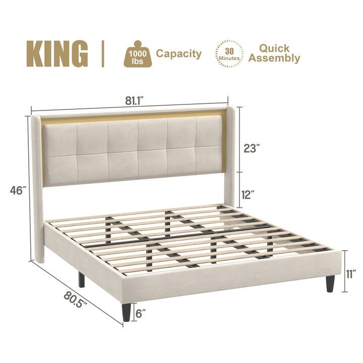 Upholstered Platform Bed with Headboard and Sturdy Wooden Slats