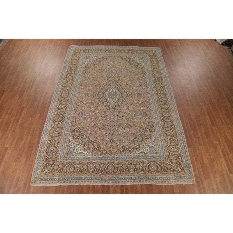 Traditional Mashad Vintage Persian Rug Handmade Orange Wool Carpet - 9'4" x 13'3"