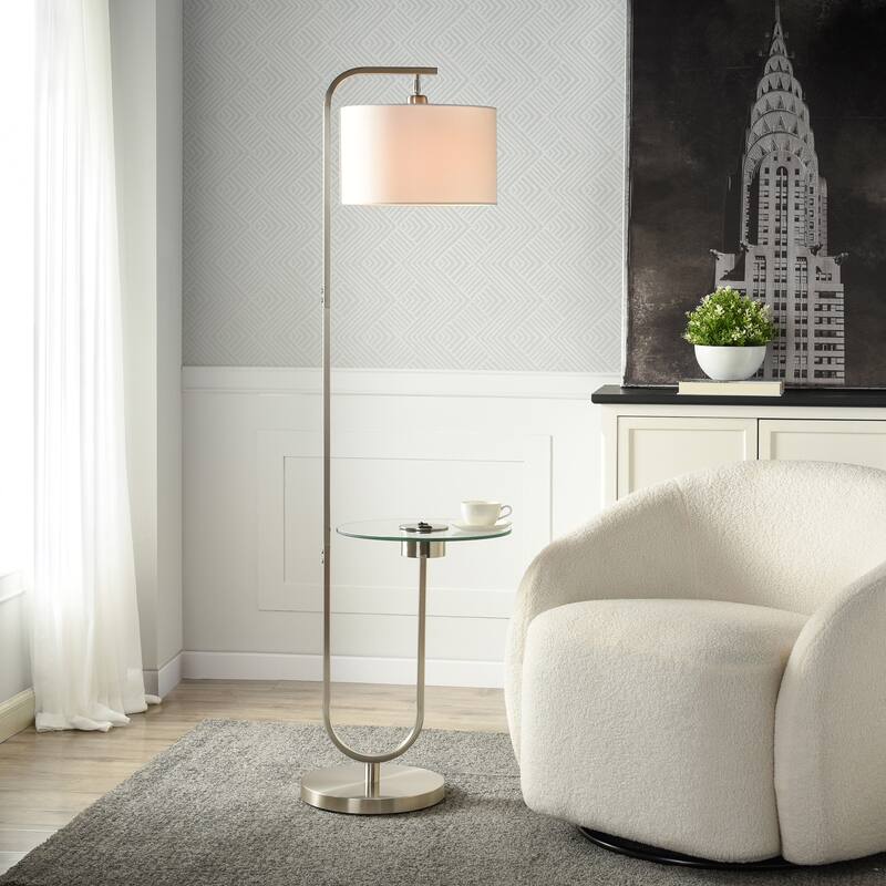 StyleCraft Sutton Floor Lamp with Glass Table - Brushed Nickel - Whit Shade