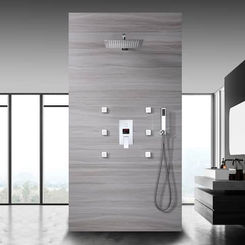 chrome wall mount 12 inch rainfall 3 way digital display shower system with body jets - 7'6" x 10'9"