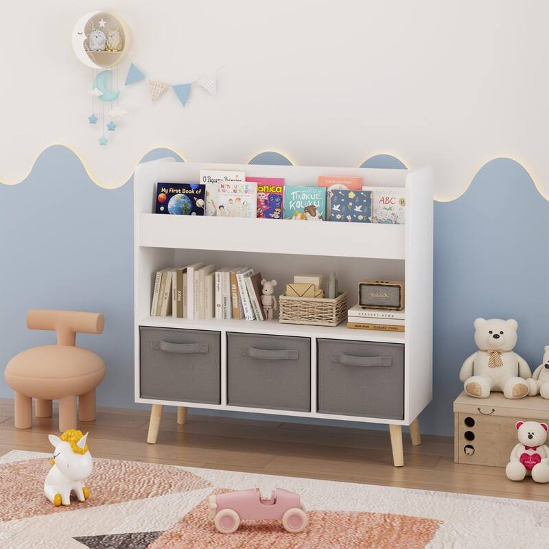 Kids Bookshelf with 3 Fabric Bins, Modern Children's Bookcase with Storage for Toys and Books