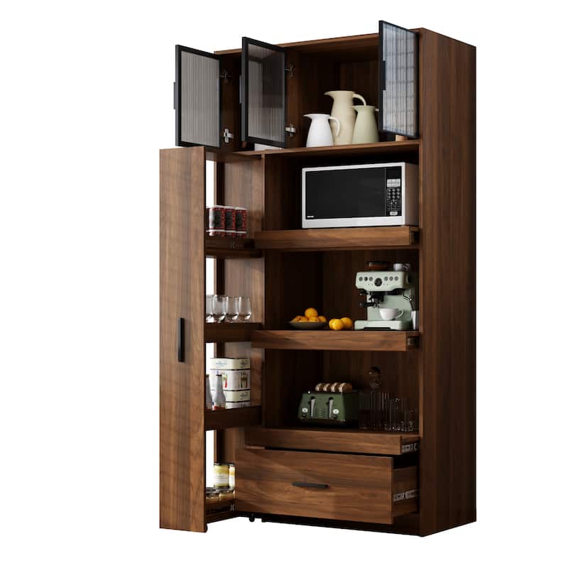 GDFStudio - Harry 70.87" Freestanding Multi-Function Pantry Cabinet with Pull-Out Shelves, Drawers & Microwave Stand