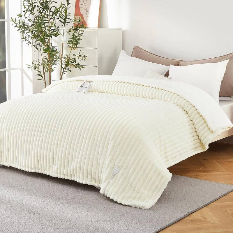 Cozy Faux Rabbit Fur Electric Blanket Heated Throw, Beige - 84"x90"