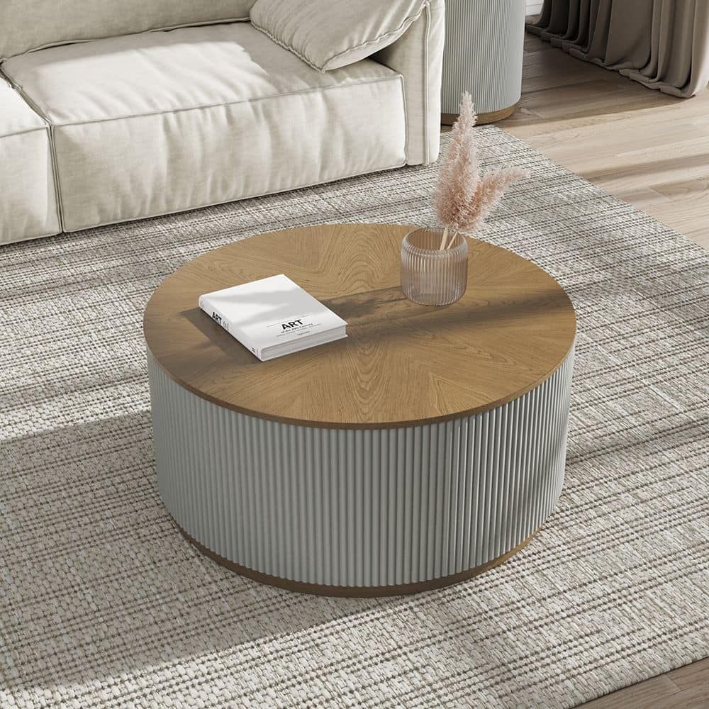 Modern Round Coffee Table，Wood Coffee Table, Solid Wood Veneer, For Living Room, Gray