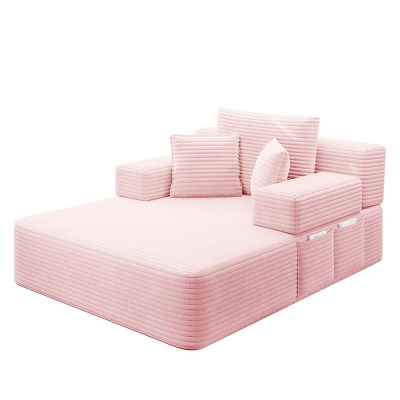 Luxurious Plush Corduroy Chaise Lounge Convertible Sofa Bed with Storage Pocket and Wide Armrests