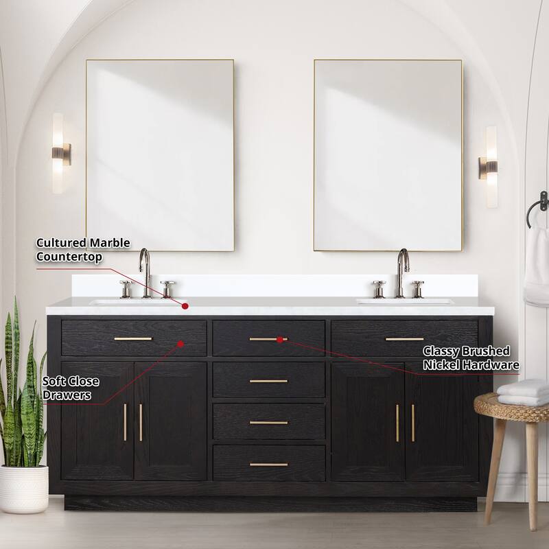 Abbey 60 in W x 22 in D Black Oak Double Bath Vanity, Cultured Marble Top, Faucet Set, and 28 in Mirrors