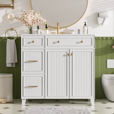 36" Bathroom Vanity with Ceramic Sink, Standard and Double-Layer Drawers, Soft Close Doors, Adjustable Shelves