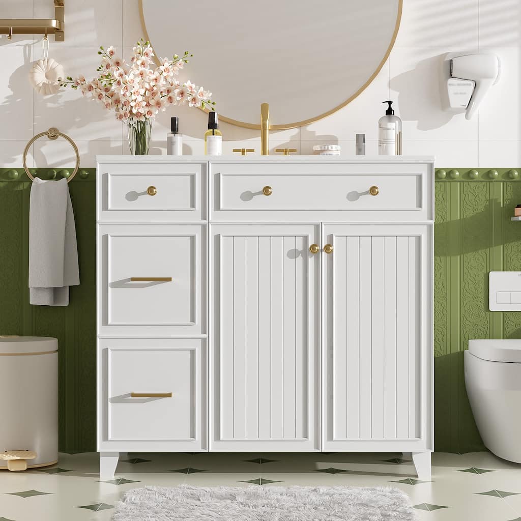 36" Bathroom Vanity with Ceramic Sink, Standard and Double-Layer Drawers, Soft Close Doors, Adjustable Shelves