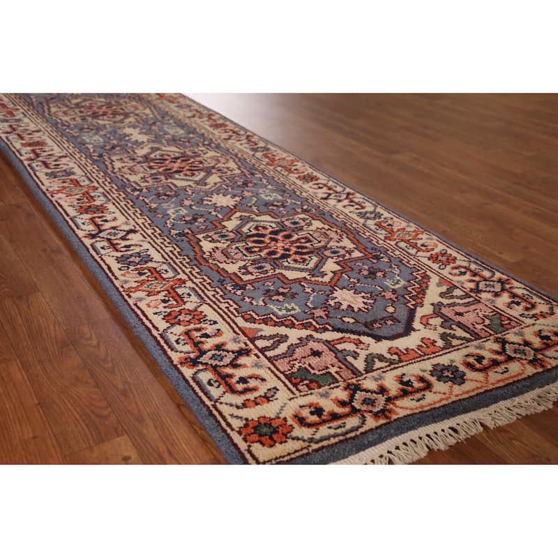 Blue Heriz Serapi Indian Runner Rug Handmade Wool Carpet - 2'7" x 9'11" - Blue - 2'7" x 9'11"