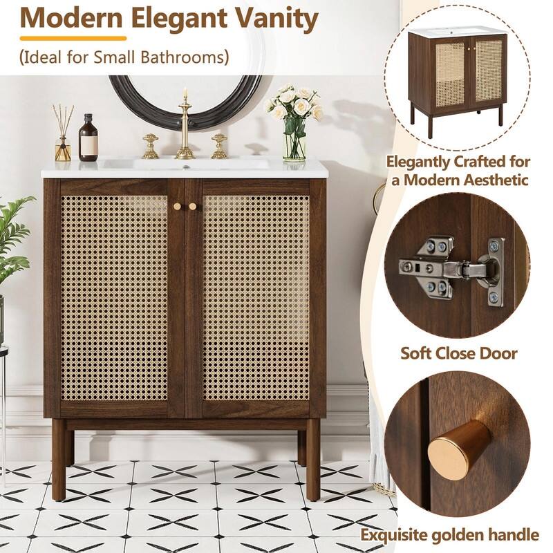 30" Bathroom Vanity with Handwoven Bamboo Doors, MDF Cabinet