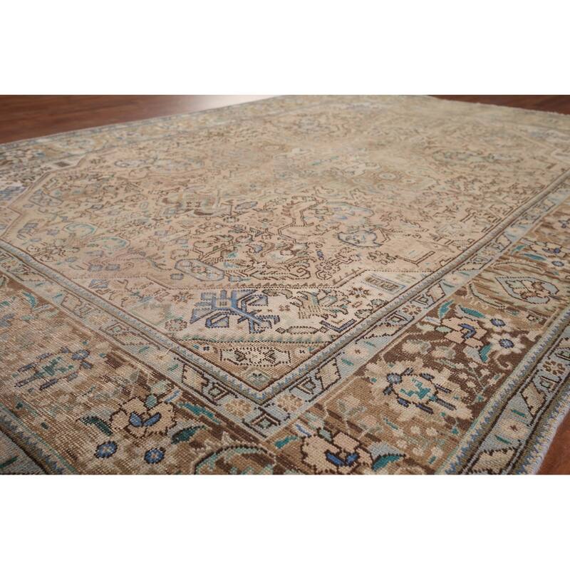 Distressed Tabriz Vintage Persian Rug Hand-Knotted Peach Wool Carpet - 6'7" x 9'8"