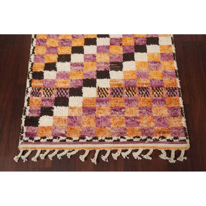 Checkered Modern Moroccan Oriental Runner Rug Hand-knotted Wool Carpet - 2'11" x 12'11"