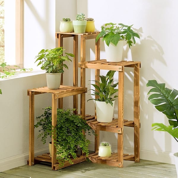 slide 7 of 8, 6 Tiers Corner Wooden Plant Stand Shelf Garden Patio Flowers Holder Brown