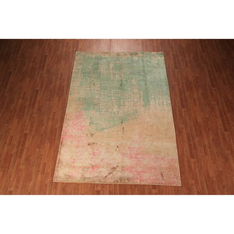 Contemporary Colorful Abstract Indian Rug Hand-Knotted Wool Carpet - 6'7" x 9'10"