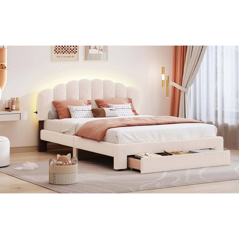 Teddy Fleece Queen Size Upholstered Platform Bed with Drawer