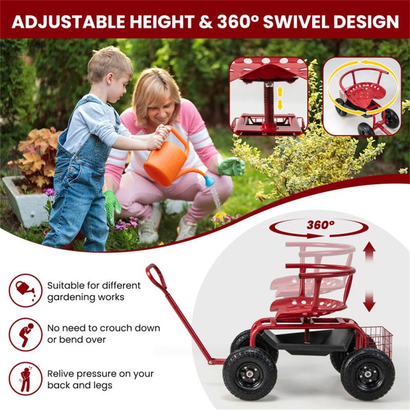 Adjustable Rolling Garden Cart with 360-Degree Swivel Seat Heavy-Duty Metal Frame Storage Basket - 35.5" x 24" x 23.5"-27"