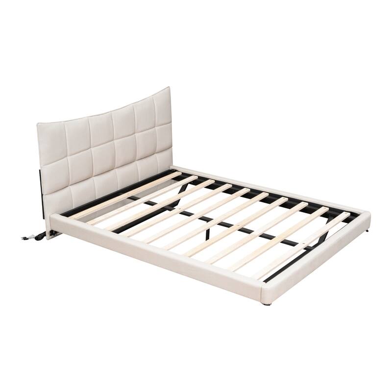HomeRoots Beige Tufted Upholstered Full Bed Frame With LED Lighting And USB