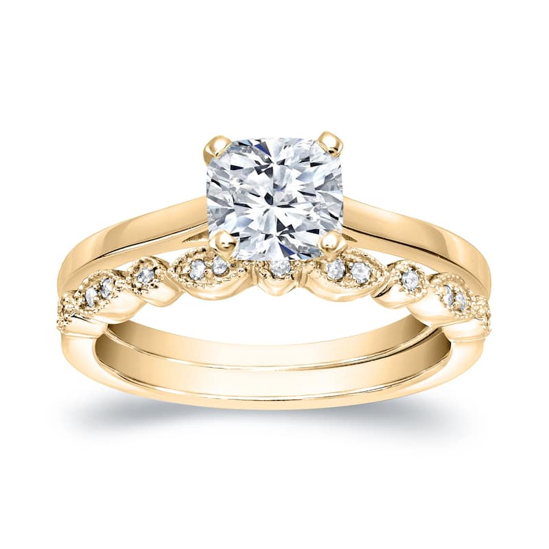 Auriya 14k Gold 1 1/6ctw Vintage Cushion Solitaire Diamond Engagement Ring Set - Yellow - 6