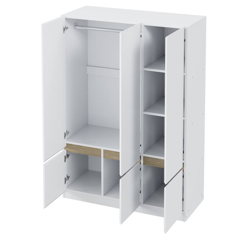 6-Doors Wooden Wardrobe Storage Armoire with Built-in Hanging Rail Clothes Storage Cabinet for Bedroom