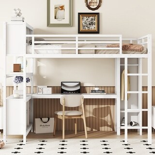 All-in-One Metal Loft Bed with L-Shaped Desk & Wardrobe, Bedrooms Bed Frame with Storage Cubes, Shelves, Full-Length Guardrails