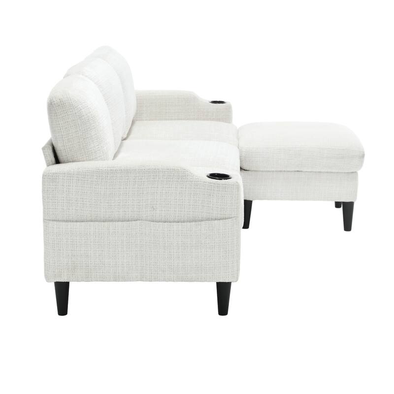 Modular Sectional Sofa with Storage Ottoman, Comfy Chenille Fabric Sofa, 3-Seater Sofa with Side Pockets & 2 Cup Holders