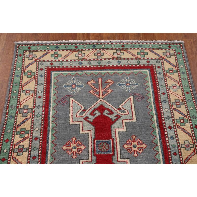 Gray Geometric Kazak Foyer Rug Hand-Knotted Traditional Wool Carpet - 3'4" x 4'9"