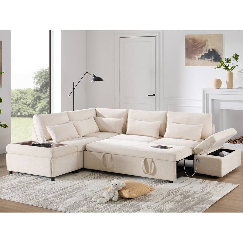 107'' Modular Sectional Pull-out Sofa in Light Khaki + Beige, Chenille, for Living Room & Apartment