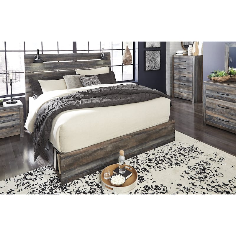 Drystan Rustic Brown Panel Bed with 2 Under Bed Storage Drawers