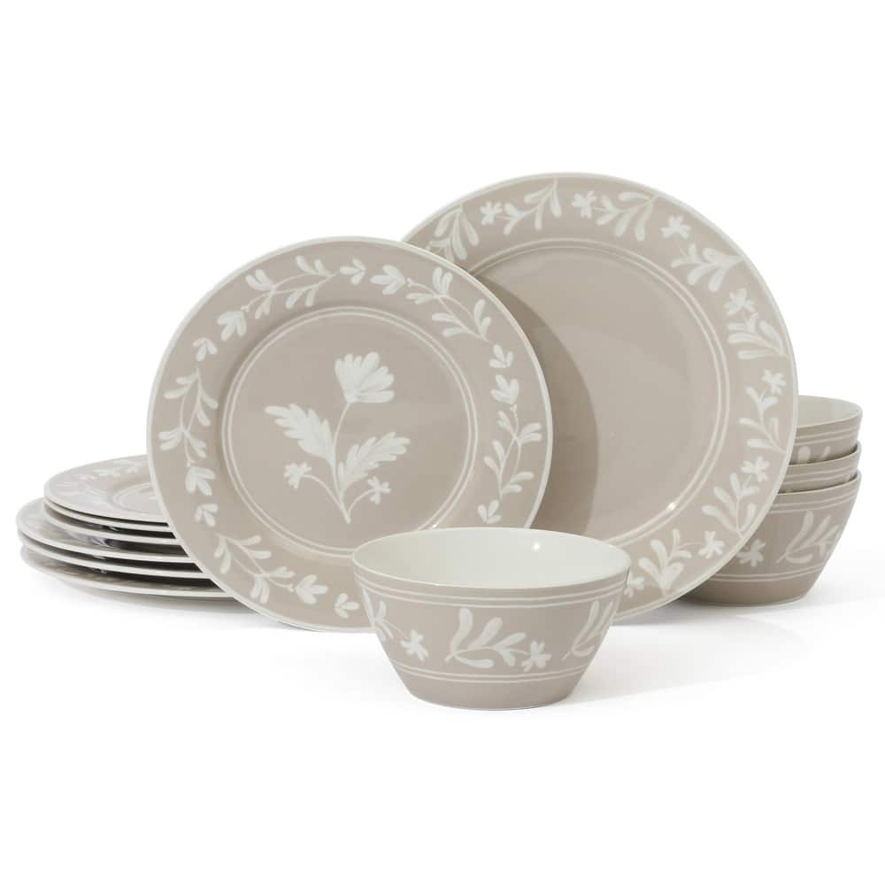 Martha Stewart Maiden Crown 12-Piece Dinnerware Set - Vegan Bone China Ceramic Plates & Bowls - Floral Design - Service for 4