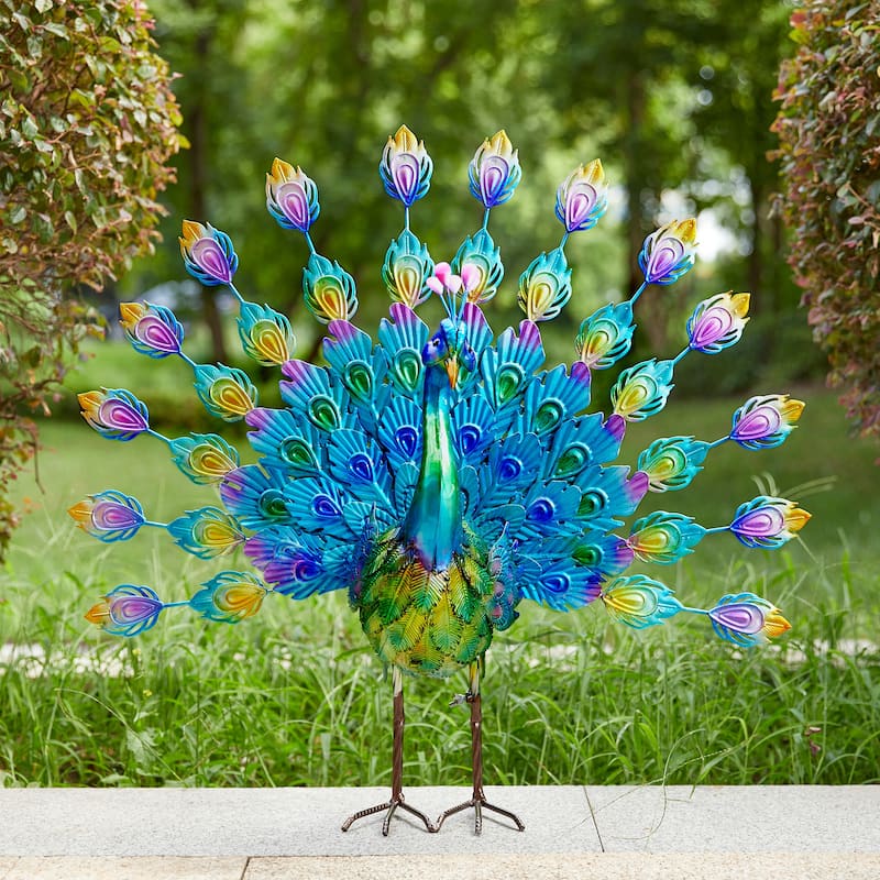 Glitzhome Metal Standing Peacock Garden Statue with Stakes for Indoor Outdoor