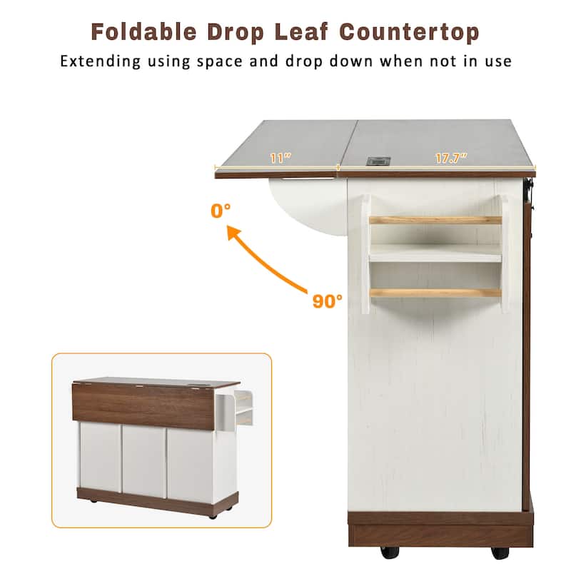 55.5" Farmhouse Kitchen Island with Drop Leaf, Power Outlet, Rolling Wheels and Spice Rack - 55.5'' x 28.75'' x 36.9''