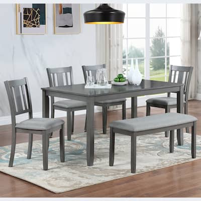 6 Piece Kitchen Dining Table Chairs Set Wooden Rectangular Casual Dining Table with 4 Upholstered Dining Chairs and Bench