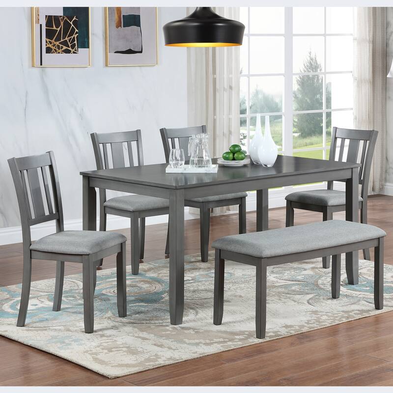 Modern Style 6-Piece Dining Set with Rectangular Wooden Table, 4 Upholstered Decorative Back Dining Chairs and Upholstered Bench - Gray