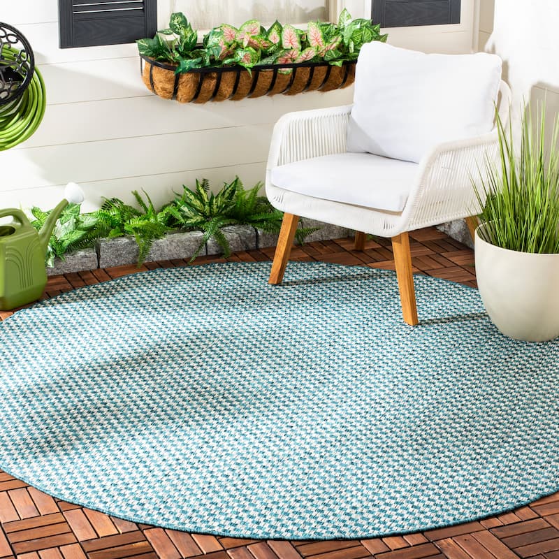 SAFAVIEH Courtyard Judi Indoor/ Outdoor Patio Backyard Rug - 5'3" x 5'3" Round - Turquoise/Light Grey