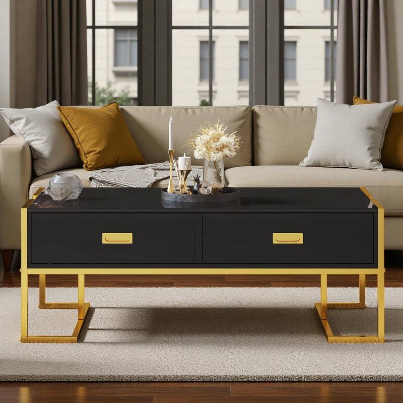 47.3'' Modern Rectangular Coffee Table with 4 Storage Drawers and Gold Metal Base for Living Room - Black