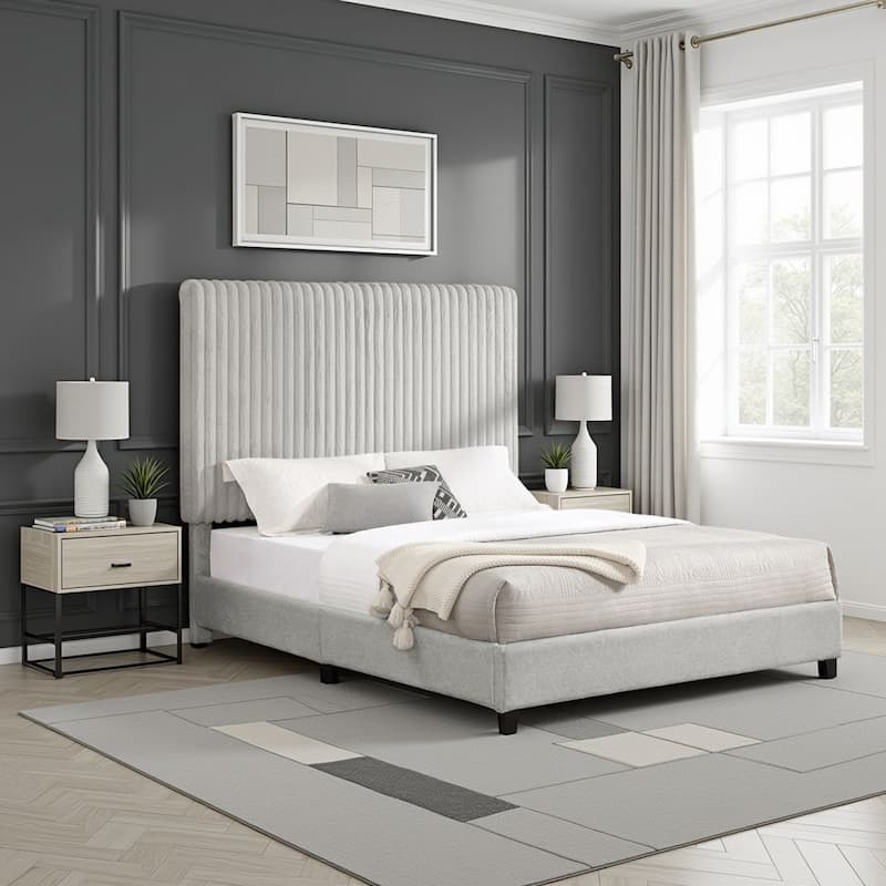 Bridgevine Home Minky Stone Grey Channel Headboard Upholstered Platform Bed