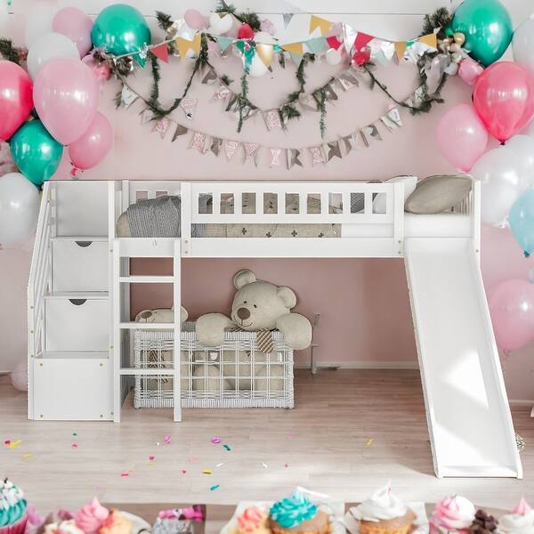 slide 2 of 30, Modern Twin Size Loft Bed With Two Storage Drawers With Convertible Ladder and Slide For Bedroom,Dorm,Kids White