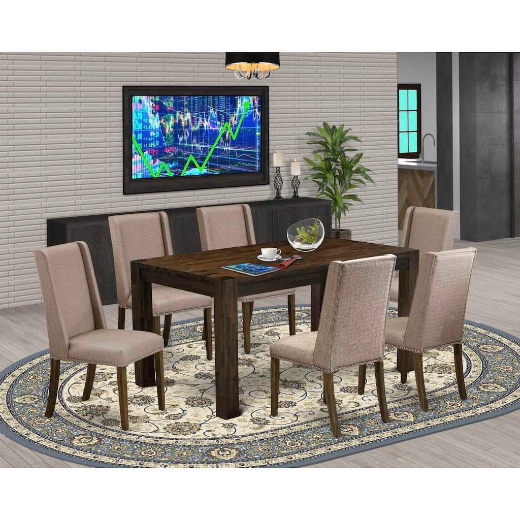 HomeStock 7-Piece Rectangle Distressed Jacobean Finish Solid Wood Top Dining Table with 6 Parson Chairs