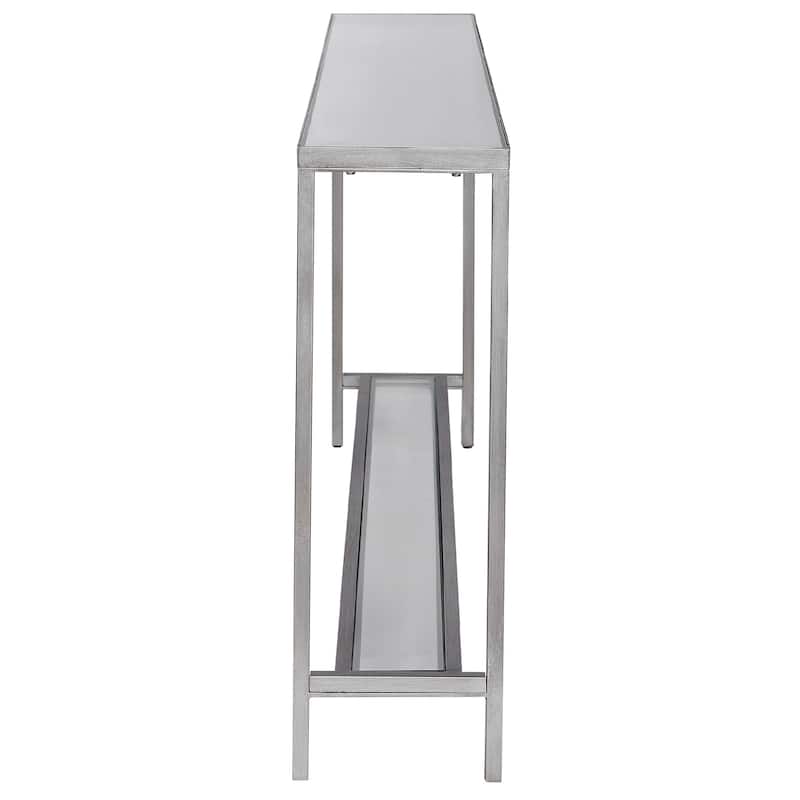 60" silver minimalist console table with a storage shelf