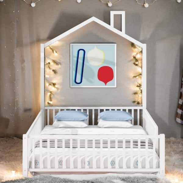 slide 2 of 21, Full Size Sturdy Metal House Floor Bed with Guardrail, No Included Slats White