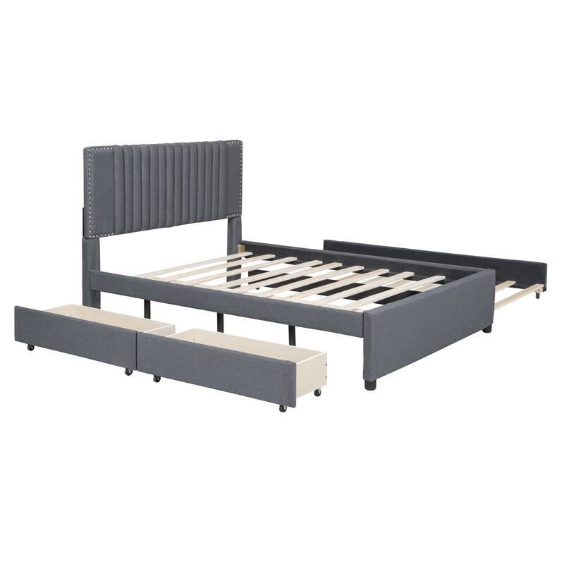 Full Size Upholstered Platform Bed with Drawers and Trundle, Gray