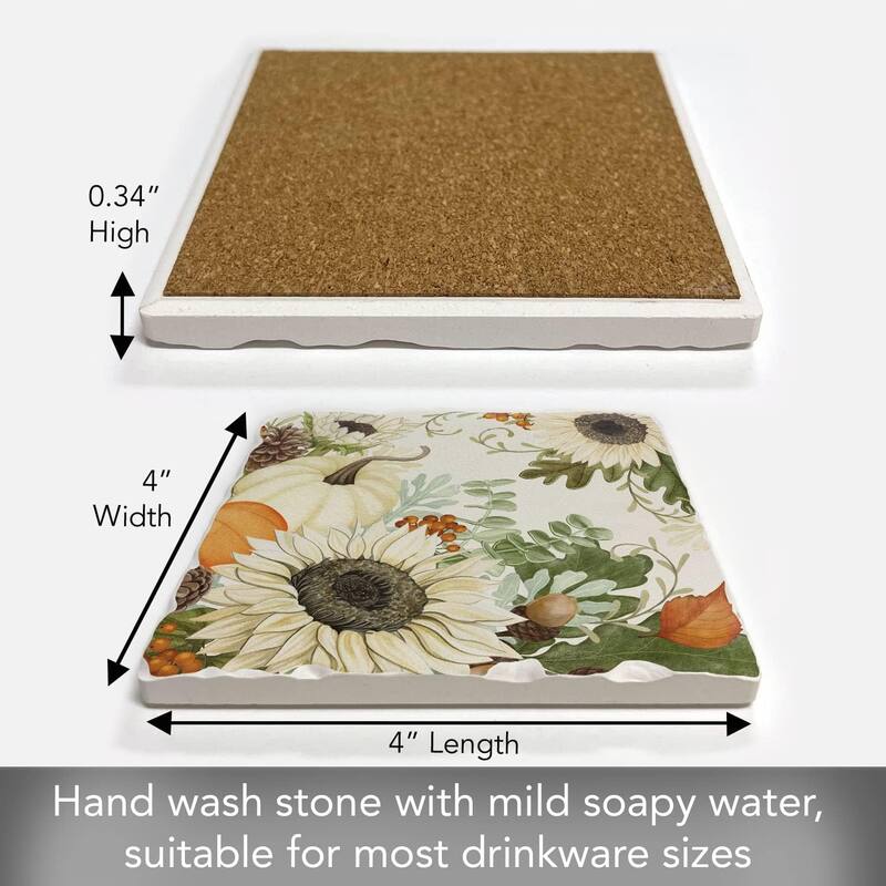 Absorbent Stone Tumbled Tile Coasters, Sunflowers & Pumpkins, Set of 4